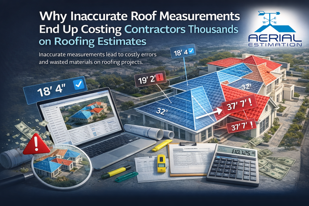Comparison of accurate vs inaccurate roof measurements showing roof pitch, dimensions, and layout errors affecting roofing estimates and material costs