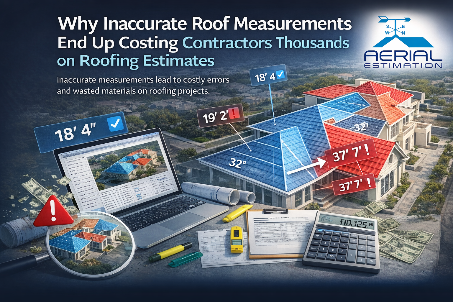 Comparison of accurate vs inaccurate roof measurements showing roof pitch, dimensions, and layout errors affecting roofing estimates and material costs
