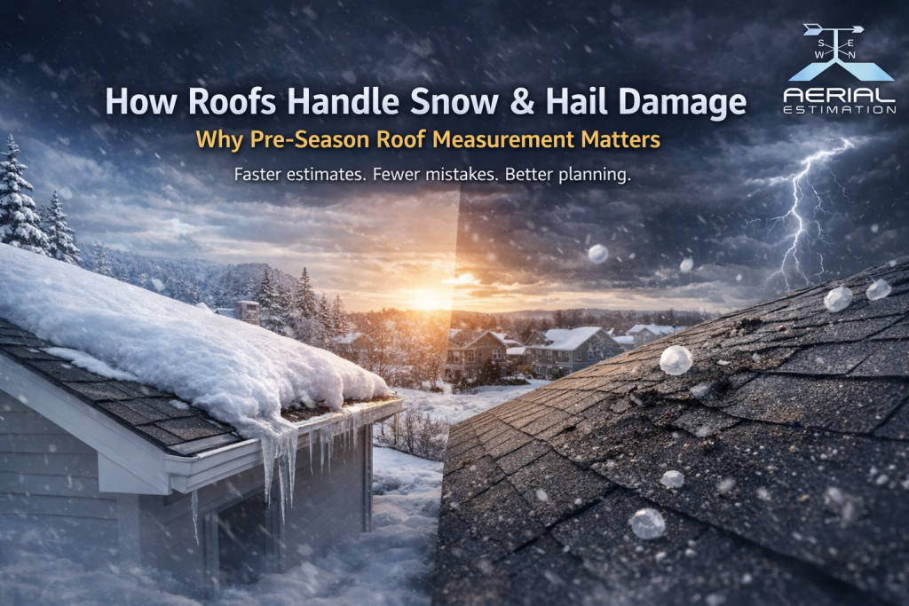 snow and hail roof damage comparison showing roof measurement analysis for accurate roofing estimates and pre-season inspection