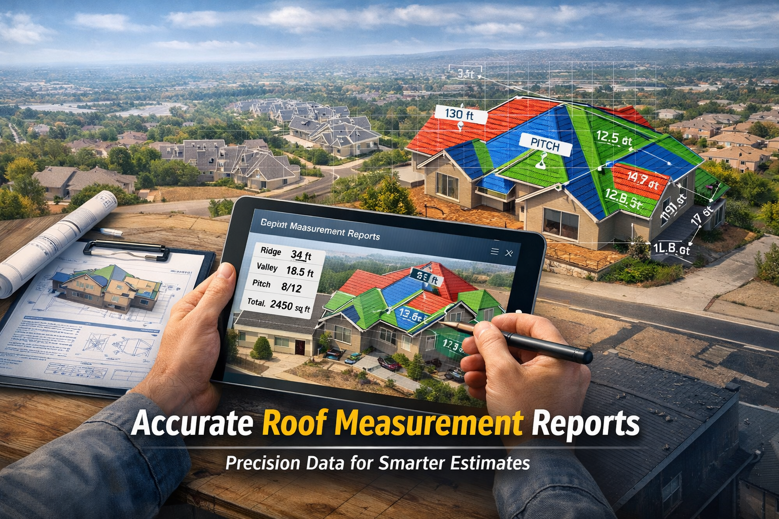 Tablet displaying detailed aerial roof measurement report with pitch, ridge, and area data over a residential property