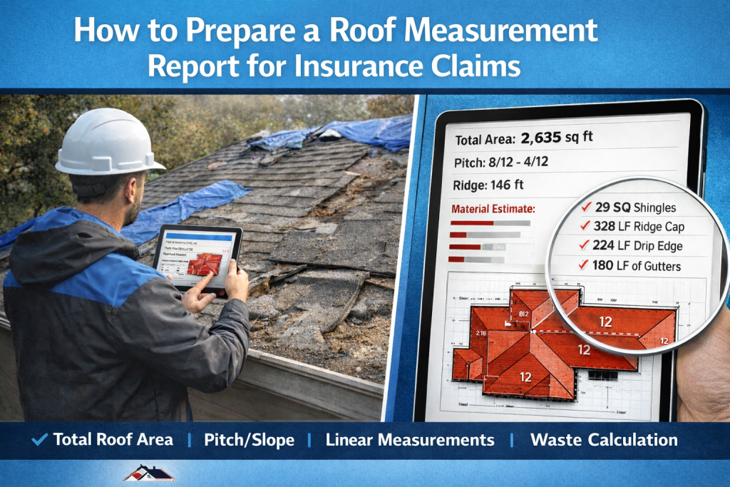 Aerial roof measurement report for insurance claims showing roof area calculation, pitch slope, linear measurements and roofing material estimate.