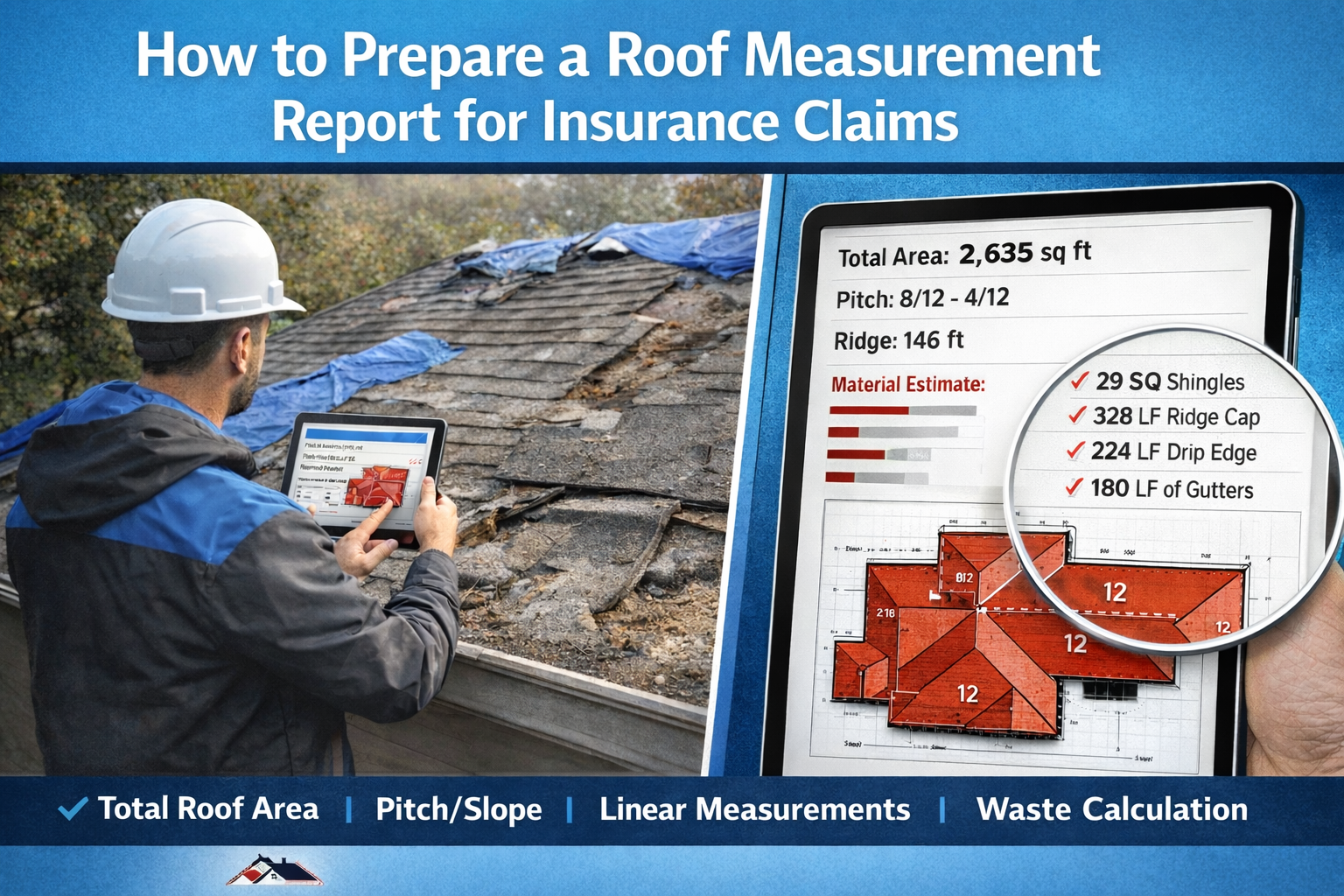 Aerial roof measurement report for insurance claims showing roof area calculation, pitch slope, linear measurements and roofing material estimate.