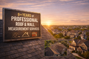 Aerial view of residential roofs showcasing professional roof and wall measurement services with 9+ years of experience