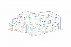 3D wireframe building illustration with labeled dimensions for walls, roof sections, and structural measurements on a white background