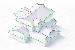 3D roof measurement model showing detailed ridge lines, valleys, slopes, and structural layout for accurate aerial roof estimation