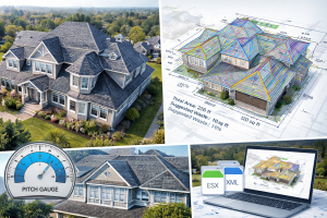 aerial roof measurement showing detailed roof dimensions pitch slopes and digital takeoff analysis with ESX and XML file outputs
