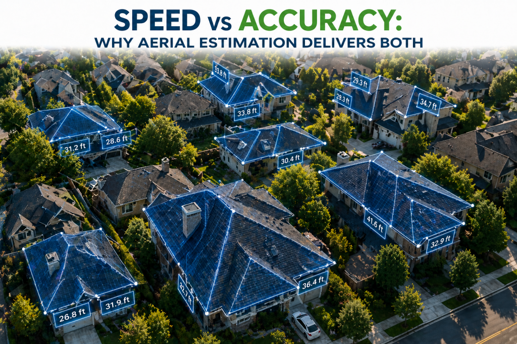 Aerial view of residential homes with digital roof measurement overlays showing dimensions in feet, illustrating fast and accurate aerial roof estimation technology
