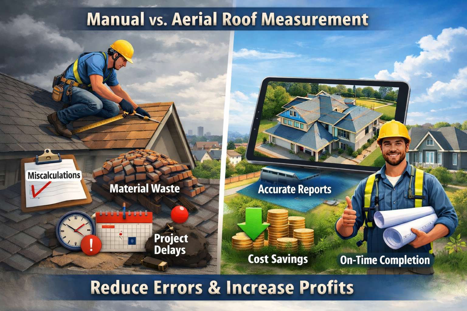 Illustration comparing manual roof measurement causing errors, delays, and material waste versus aerial roof measurement providing accurate reports, cost savings, and on-time project completion.