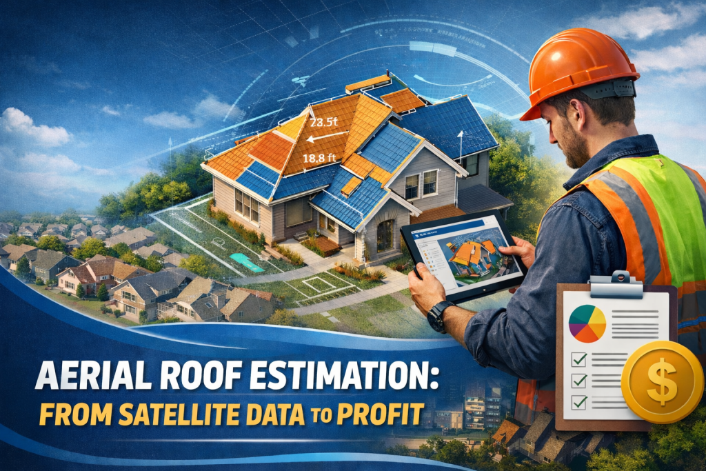 Aerial roof estimation using satellite data showing measured residential roof dimensions on a digital model with a contractor analyzing the report on a tablet.