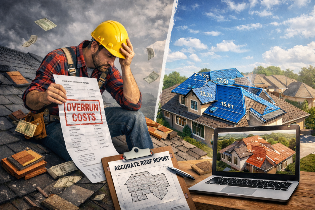 Frustrated roofing contractor holding overrun cost report contrasted with aerial roof measurement software showing accurate dimensions and roof report on a laptop.
