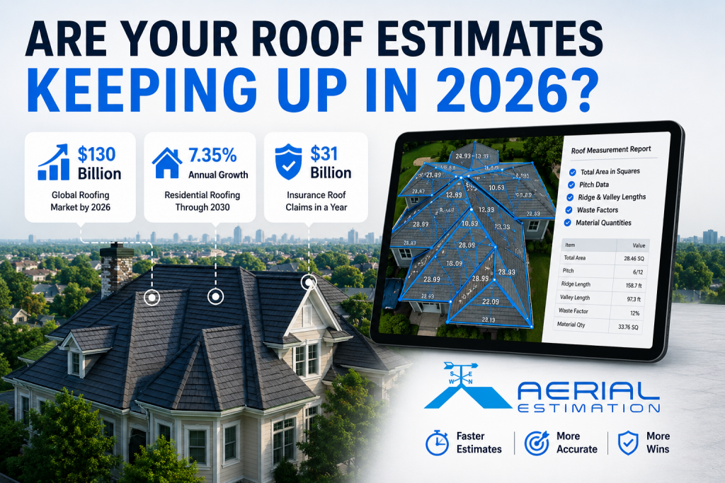 Advanced roof measurement and aerial estimation report showing a residential roof analyzed with digital measurements, pitch data, ridge lengths, waste factors, and material quantities for faster and more accurate roofing estimates in 2026.