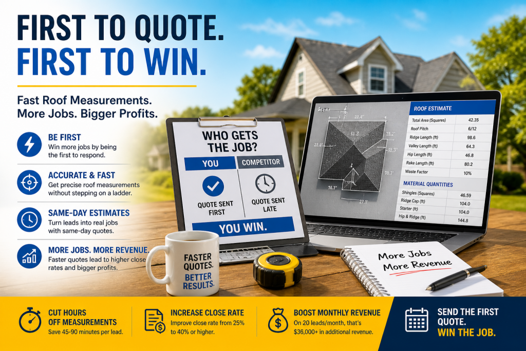 roof measurement software dashboard with house diagram and material quantities, contractor quote comparison showing faster estimate wins more jobs
