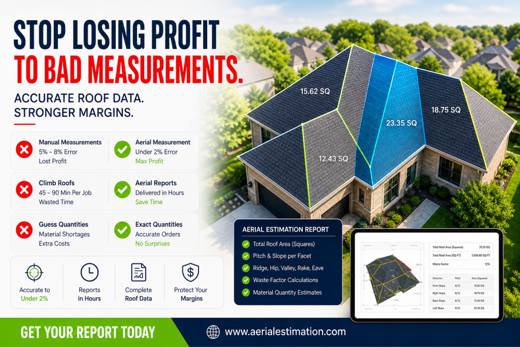 Aerial roof measurement diagram of a residential house with labeled roof sections in squares, highlighting precise area calculations, slope data, and improved accuracy for roofing estimates.