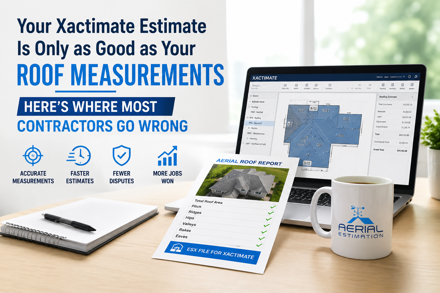 Laptop displaying a Xactimate roofing estimate beside an aerial roof report and Aerial Estimation mug, highlighting accurate roof measurements for faster roofing estimates and fewer disputes.