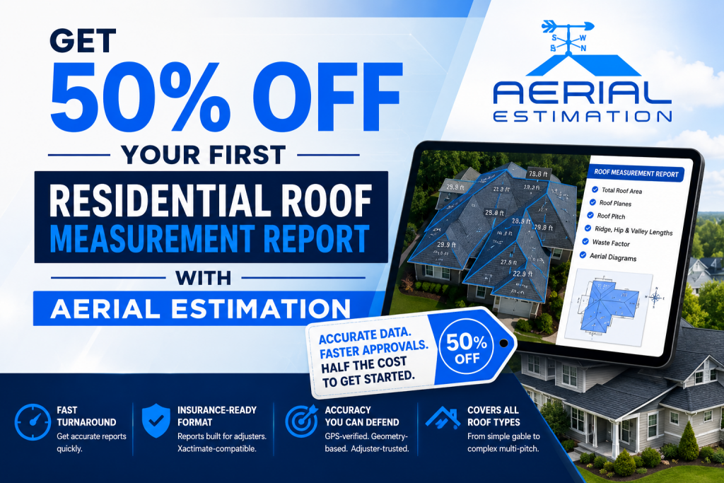 Aerial Estimation promotional banner offering 50% off the first residential roof measurement report with detailed aerial roof analysis, digital roof report visuals, and professional roofing estimate features.