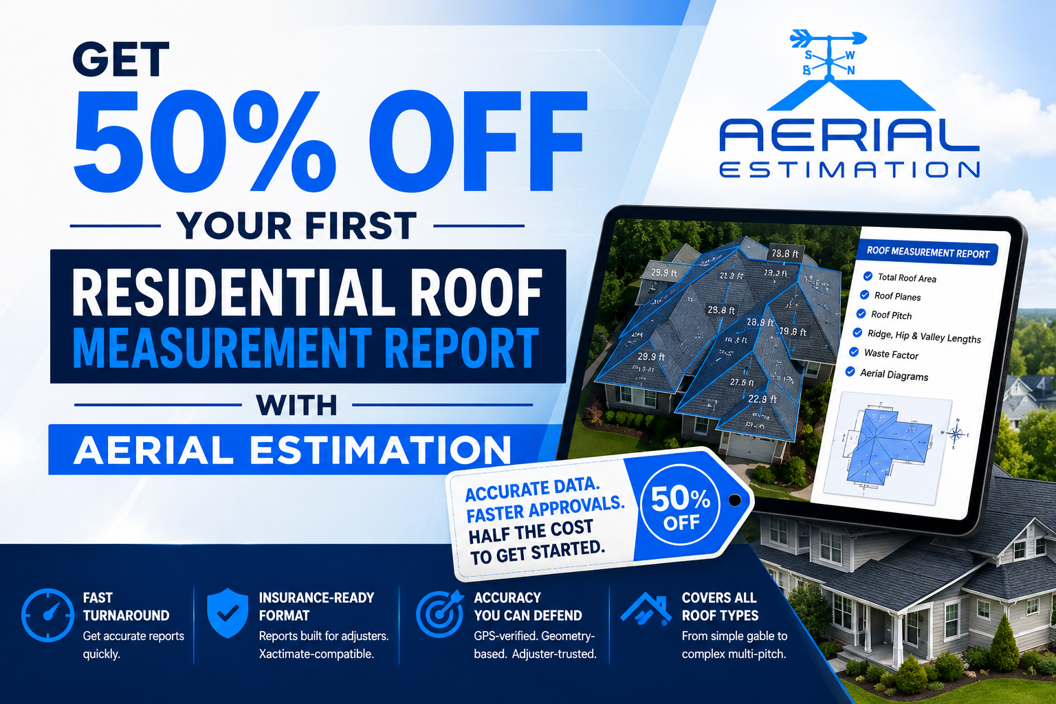 Aerial Estimation promotional banner offering 50% off the first residential roof measurement report with detailed aerial roof analysis, digital roof report visuals, and professional roofing estimate features.
