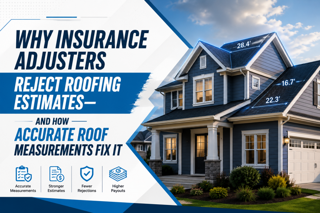 Insurance adjusters rejecting roofing estimates due to inaccurate roof measurements, featuring a modern house with highlighted roof dimensions and accurate aerial roof measuring visuals.