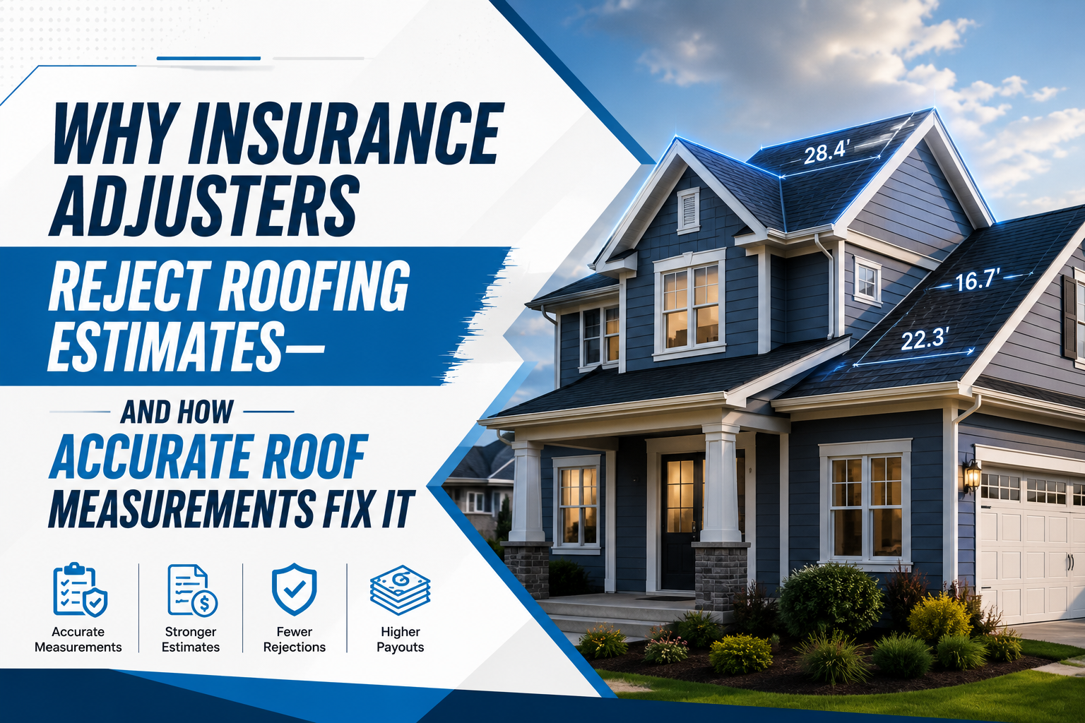 Insurance adjusters rejecting roofing estimates due to inaccurate roof measurements, featuring a modern house with highlighted roof dimensions and accurate aerial roof measuring visuals.