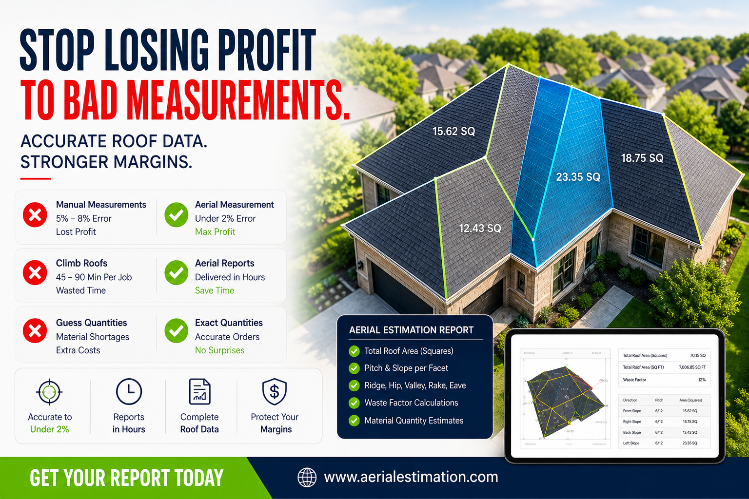 Aerial roof measurement diagram of a residential house with labeled roof sections in squares, highlighting precise area calculations, slope data, and improved accuracy for roofing estimates.
