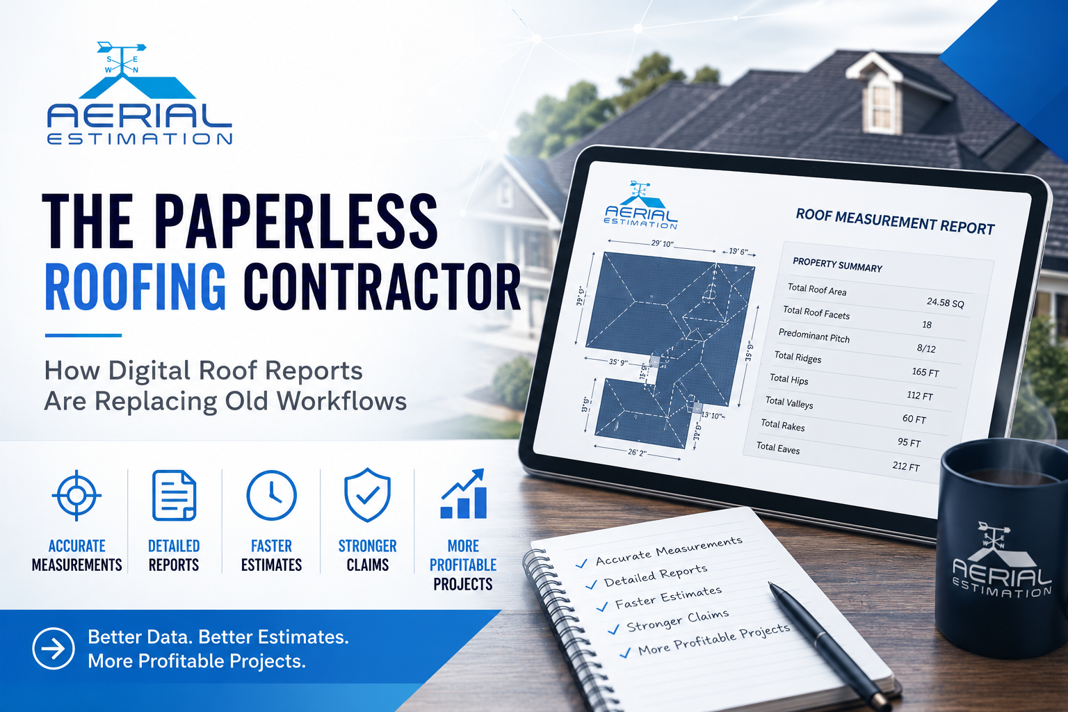 Digital roof measurement report displayed on a tablet beside a residential roof, showcasing paperless roofing workflows, aerial roof measurements, detailed roof reports, faster estimates, and insurance-ready documentation.