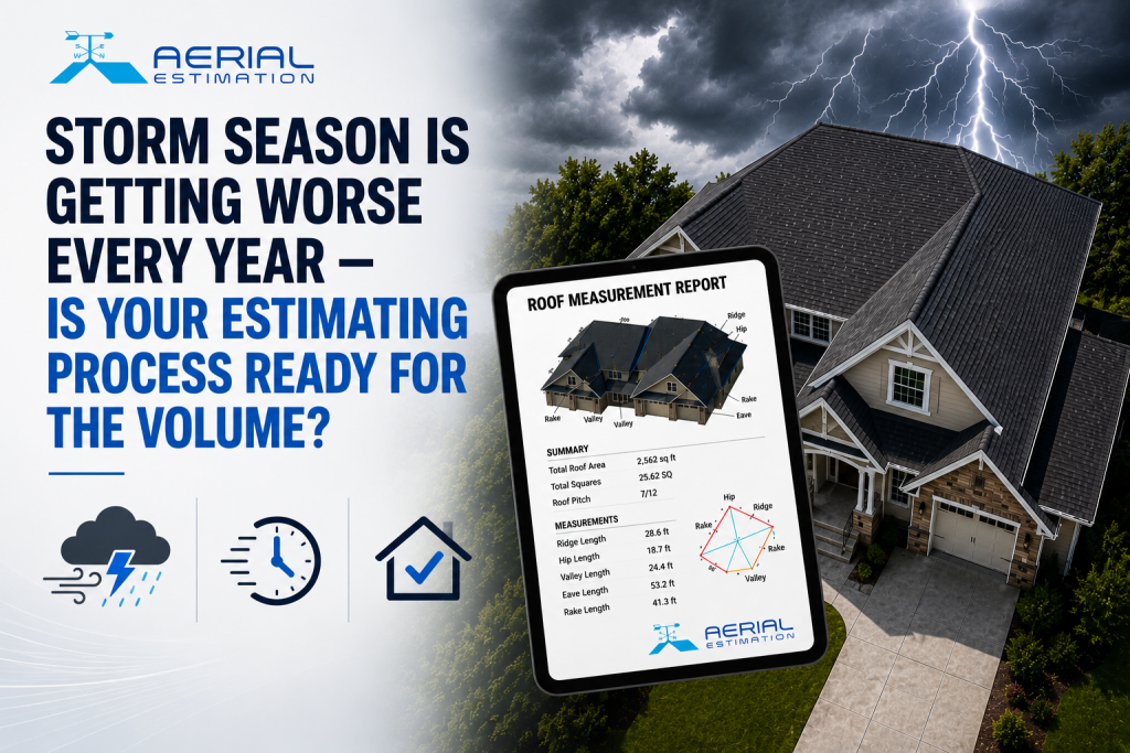 Storm-damaged roofing assessment concept showing a residential roof under severe weather with lightning, alongside a digital roof measurement report used for fast and accurate roofing estimates, insurance claims, and storm restoration projects.