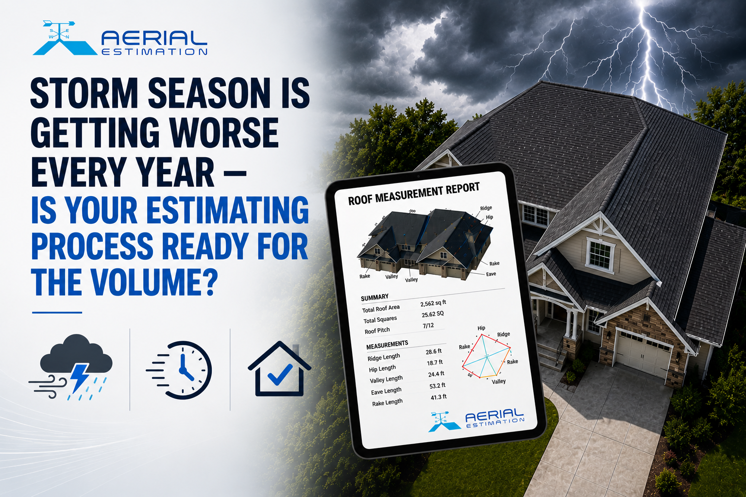 Storm-damaged roofing assessment concept showing a residential roof under severe weather with lightning, alongside a digital roof measurement report used for fast and accurate roofing estimates, insurance claims, and storm restoration projects.