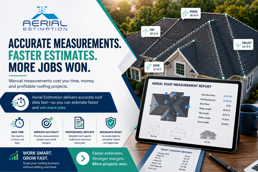 Professional aerial roof measurement report showing accurate roof dimensions, roof pitch, ridge, hip, valley, and eave measurements that help roofing contractors create faster estimates, improve profit margins, and win more jobs.