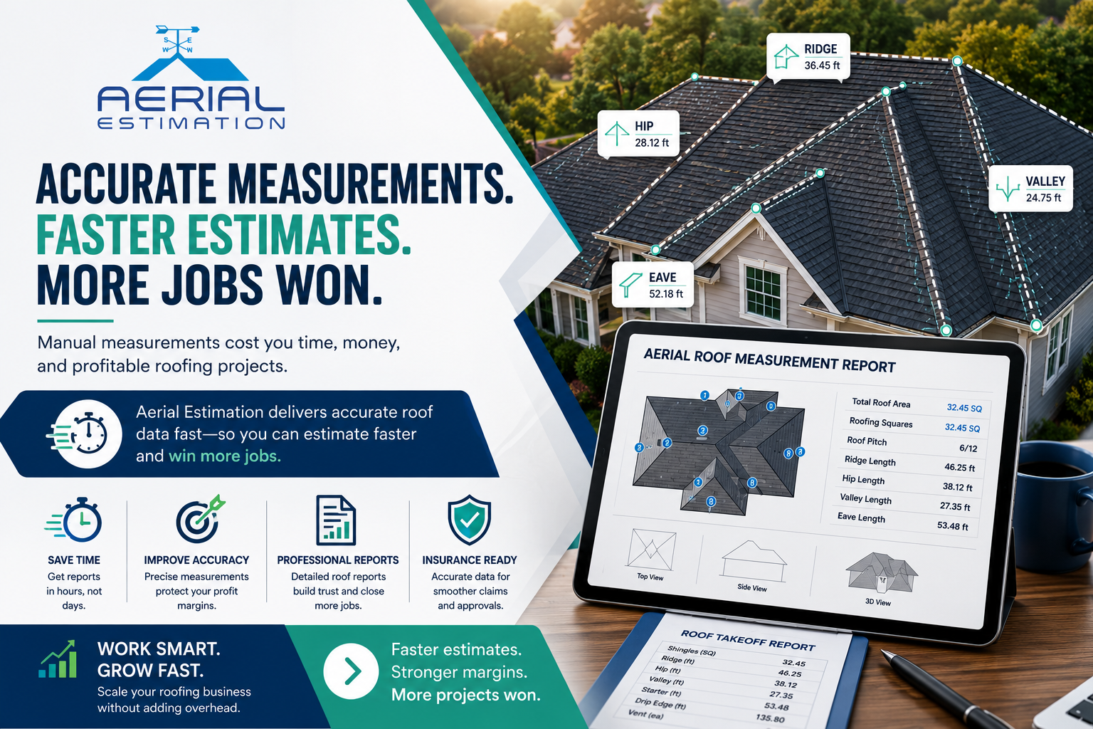 Professional aerial roof measurement report showing accurate roof dimensions, roof pitch, ridge, hip, valley, and eave measurements that help roofing contractors create faster estimates, improve profit margins, and win more jobs.