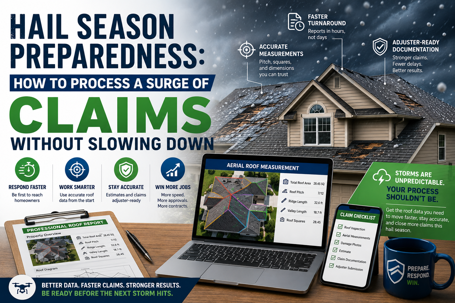 Storm-damaged residential roof during a hailstorm with aerial roof measurement software displayed on a laptop and claim checklist on a mobile device. The image highlights accurate roof measurements, faster turnaround times, and adjuster-ready documentation to help roofing contractors and insurance professionals process hail damage claims efficiently.