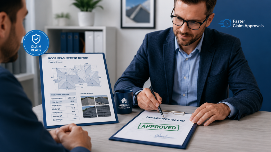 Insurance adjuster reviewing an approved roofing insurance claim alongside a professional aerial roof measurement report with roof diagrams, dimensions, and verified property data.