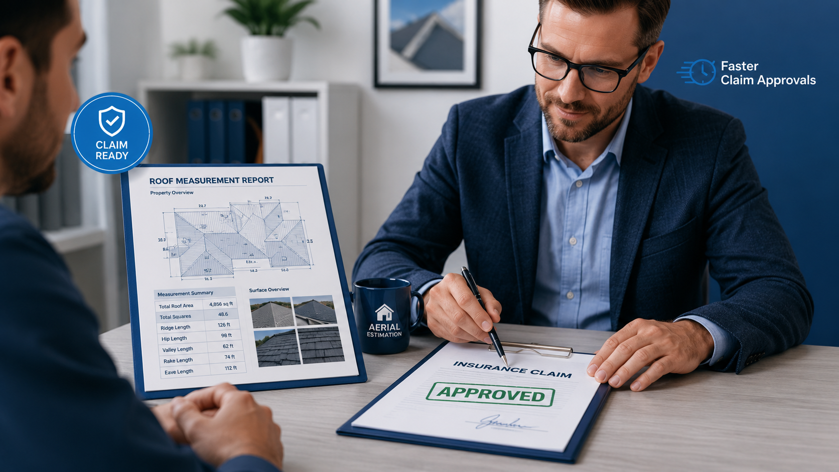 Insurance adjuster reviewing an approved roofing insurance claim alongside a professional aerial roof measurement report with roof diagrams, dimensions, and verified property data.