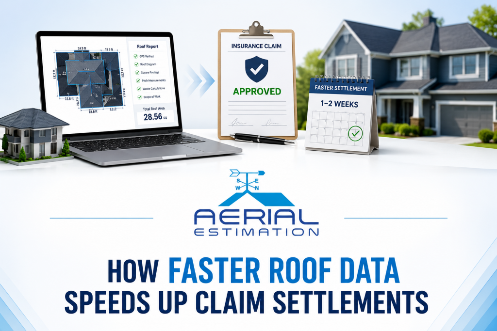Aerial roof measurement report displayed on a laptop with an approved insurance claim document and fast settlement timeline, illustrating how accurate roof data helps speed up insurance claim approvals and roof replacement projects.