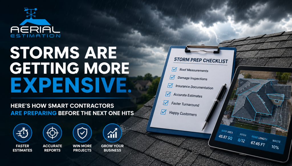 Storm preparedness graphic showing a storm-damaged roof, aerial roof measurement technology, digital roof report, and contractor checklist for faster estimates, accurate insurance documentation, and efficient roof inspections.