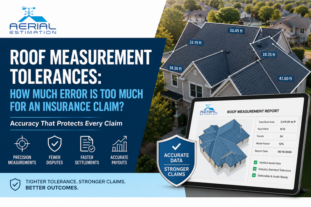 Professional aerial roof measurement report showing measured roof dimensions, verified roof data, and insurance claim accuracy to reduce disputes and speed up claim settlements.