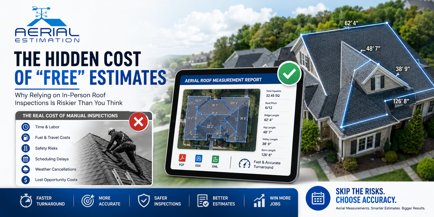 Aerial roof measurement report displayed on a tablet beside a residential roof with measurement overlays, comparing manual roof inspections with fast and accurate aerial roof measurement services for roofing contractors.