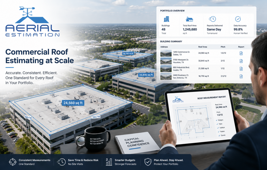 Commercial roof estimating at scale using aerial roof measurement technology, showing multiple commercial buildings with precise roof area measurements, portfolio overview dashboard, and a digital roof measurement report by Aerial Estimation.