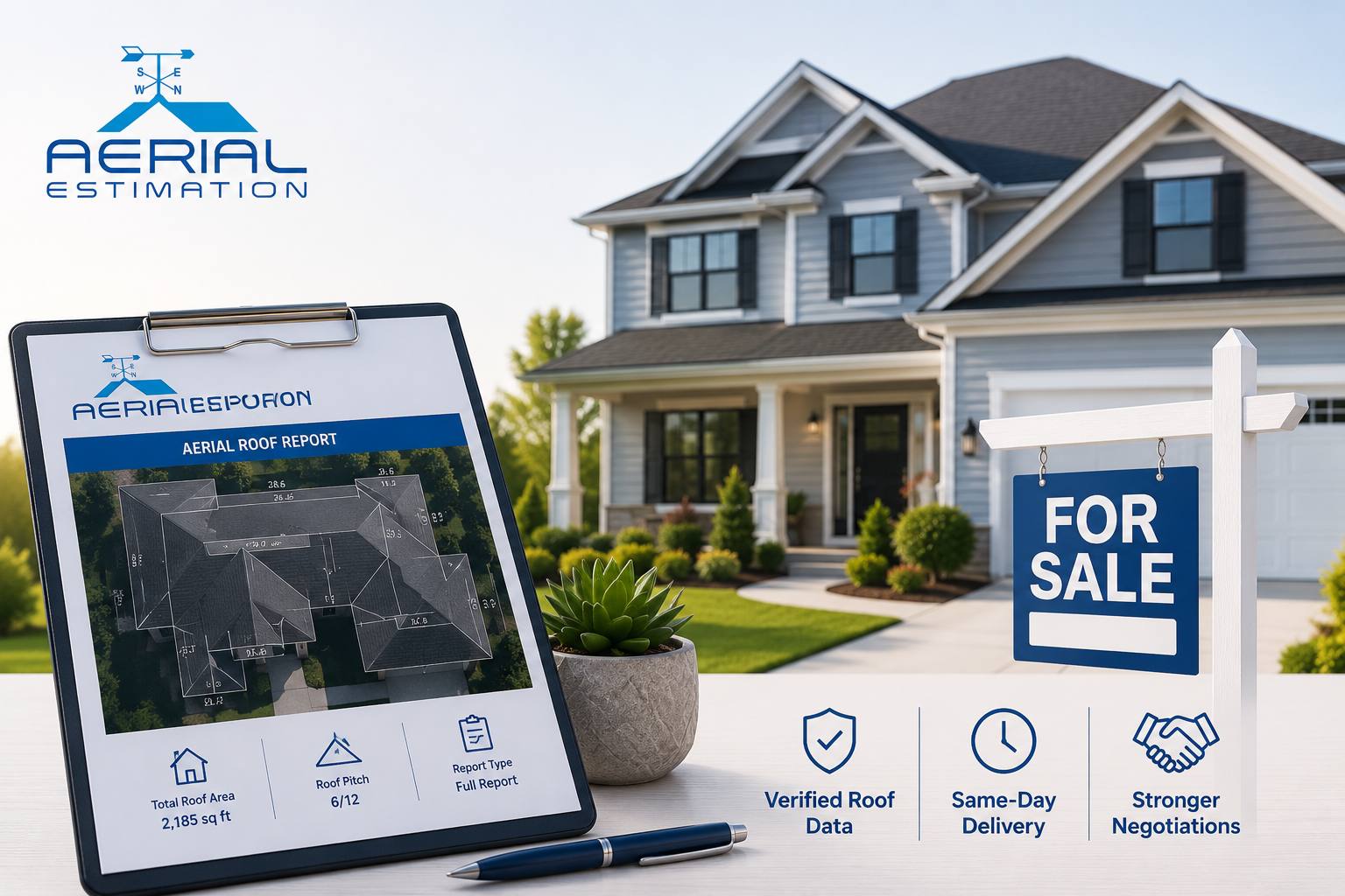Modern home with a for sale sign and a verified aerial roof measurement report, showing how accurate roof data helps homeowners sell faster and avoid inspection delays.