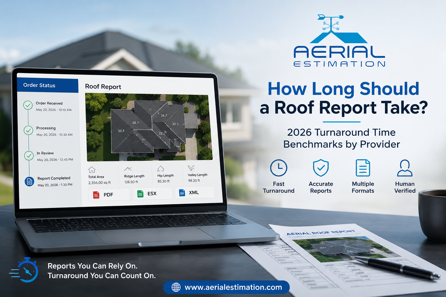 Aerial Estimation roof report turnaround dashboard displaying order status, verified aerial roof measurement report, PDF, ESX and XML formats, and 2026 roof report turnaround time benchmarks.