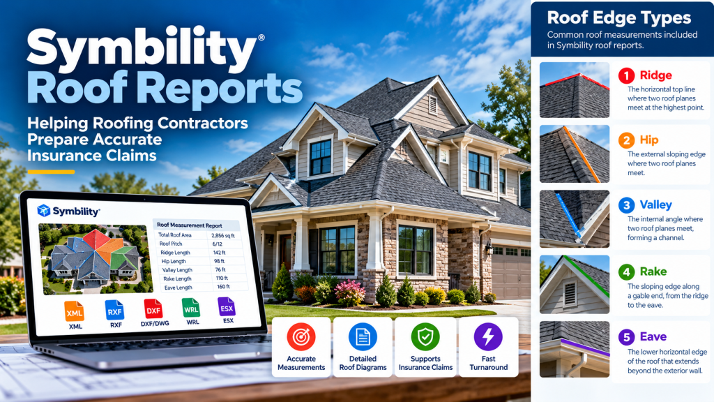 Symbility roof reports showing accurate roof measurements, roof edge types, and insurance claim documentation for roofing contractors.