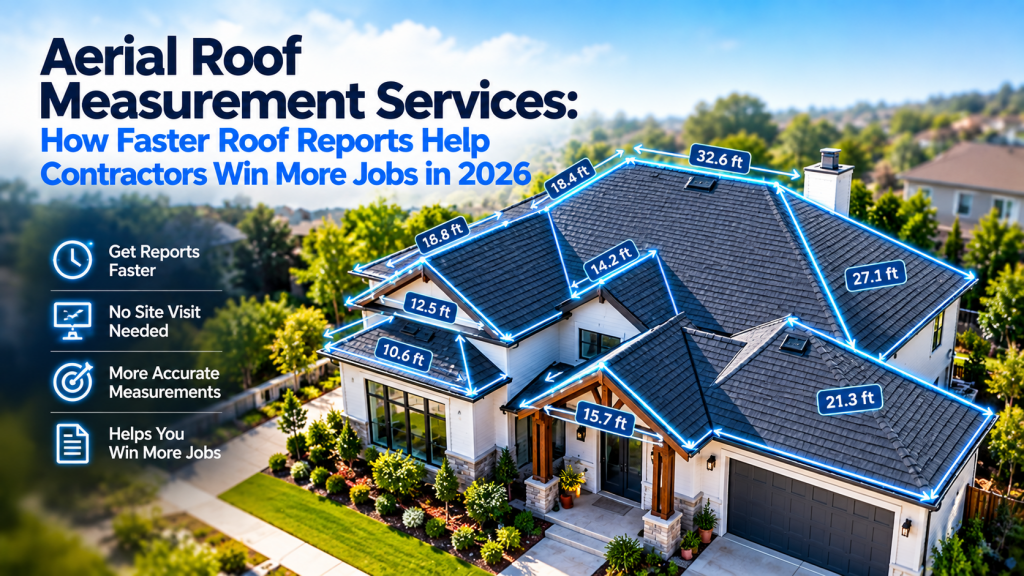 Aerial roof measurement services showing a residential roof with detailed digital measurements, roof dimensions, and measurement lines for faster contractor estimating