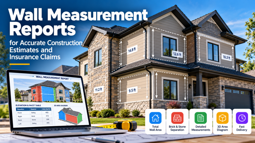 Wall measurement reports showing exterior wall dimensions, brick and stone separation, detailed measurements, and a 3D area diagram for construction estimates.