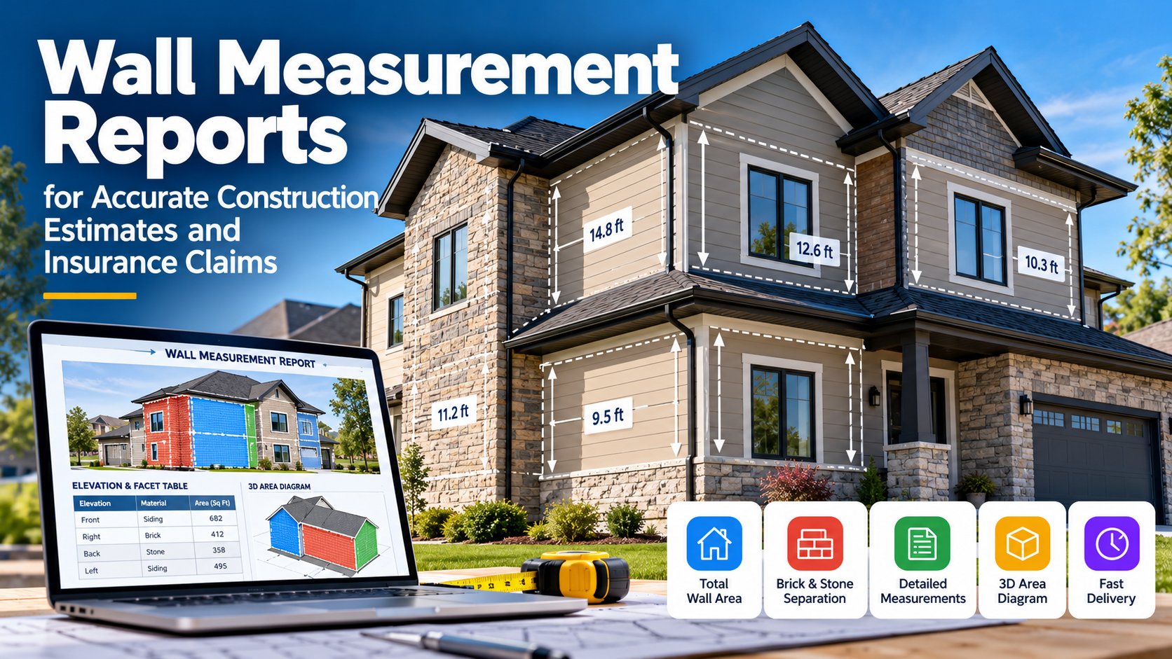 Wall measurement reports showing exterior wall dimensions, brick and stone separation, detailed measurements, and a 3D area diagram for construction estimates.